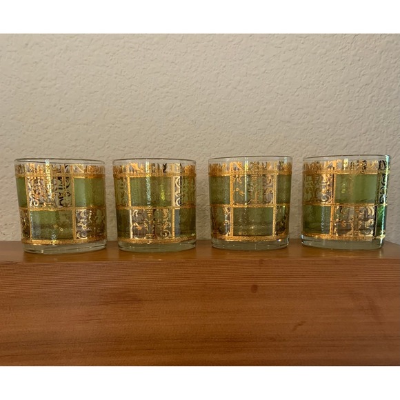 Vtg 60s Culver Prado Green & Gold 22 k Lowball Glasses (4) and Ice Bucket Set - Picture 5 of 11